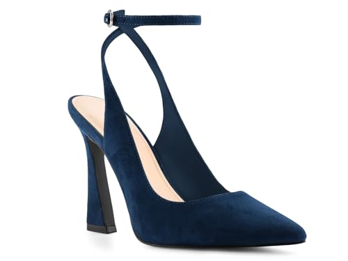 Reoplty Womens Closed Toe Ankle Strap Heels Pointed Toe Pumps Shoes Slingback High Heel Wedding Dress Shoes Navy Blue