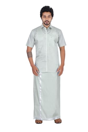Image of PRAKASAM COTTON-Mens Art Silk Wedding Set /Art Silk 8 Mulam (8-Yard) Dhoti and Stitched Shirt for mens
