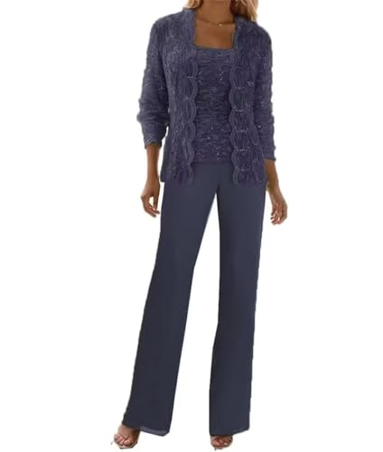 Image of 3 Pieces Chiffon Lace Mother of The Bride Pant Suits with Jackets Sequins Wedding Guest Dresses for Women