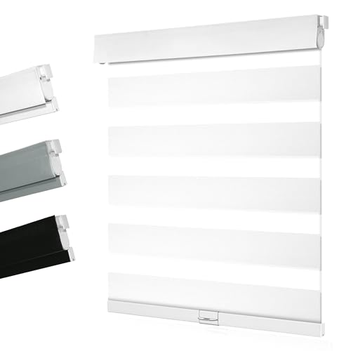 Boolegon No Drill No Tools Zebra Blinds, Blackout Zebra Shades, Dual Layer Cordless Window Blinds, Light Control Window Shades, Blinds for Indoor Windows, Easy to Install, White, 69