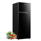 Upstreman 7.7 Cu.Ft. Refrigerator with Freezer, Double Door Fridge, Adjustable Thermostat, Large Capacity, Reversible Door Swing, Refrigerator for Apartment, Office, Dorm, Black（BD75）