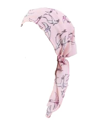 DJC BOUTIQUE - Écharpe pré-nouée pour la tête - Foulard chimiothèque - Bonnet - Turban - Couvre-chef en coton pour alopécie - Bandana (Oiseaux roses, taille unique)