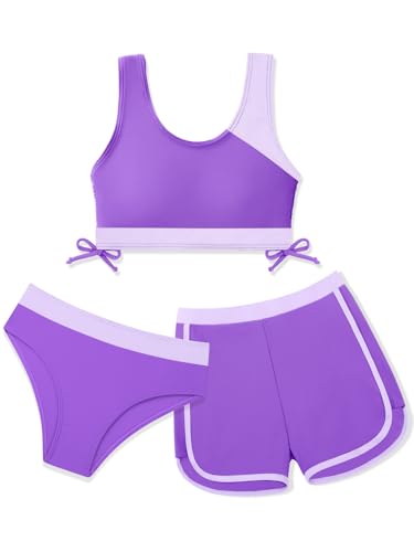 Image of Girl's 3 Piece Bikini Bathing Suit Printed Sport Swimsuits with Shorts Cove Up Sets Teen Girl's Swimwear