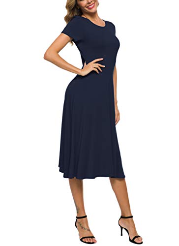 Image of EXCHIC Women's Casual Round Neck Short Sleeve Midi Dress Solid Stretchy Waist Knee Long Dress
