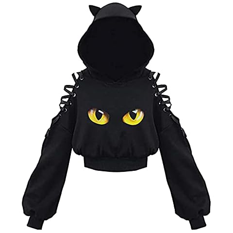 Women's Cute Cat Cutout Long Sleeve Off Shoulder Cropped Top Black Cat Print Oversized Hoodie Punk Gothic Sweatshirt (A-Eyes , S ) Cover