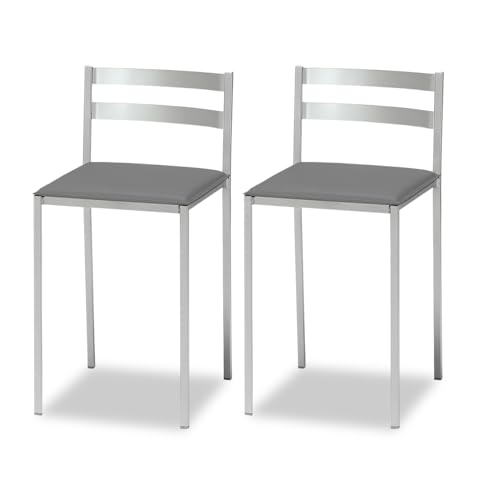 ASTIMESA 2 Taburetes de Cocina con Respaldo bajo, Franjas horizontales y Asiento tapizado - Estructura Color Aluminio - Asiento en Polipiel Grafito