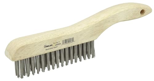 Image of Weiler 44064 0.012 inch Wire Size, 5 inch Brush Length, 10 inch X 1-1 /8 inch Block Size, 4 X 16 No. of Rows, 302 Stainless Steel Bristles, Hardwood Block, Shoe Handle Scratch Brush (Pack of 12)
