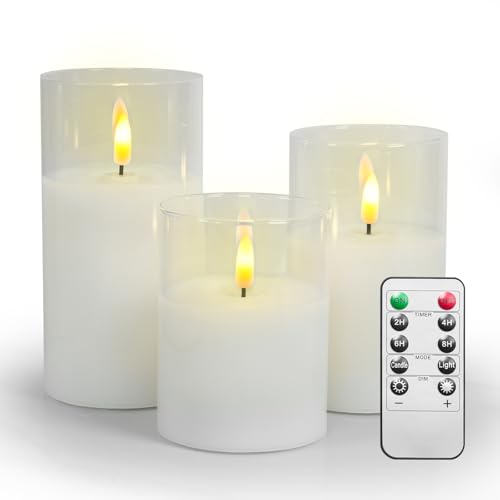 Image of Flameless Candles in Glass with Remote | Flashing LED Pillar Real Wax Fake Candle With Timer, Battery Operated For Wedding Home Decorations - 3Pack
