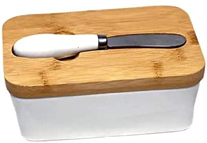 Made for you Butter Dishes Box Premium Quality Elite Range Heavy Fine Porcelain Butter Box,Butter Dish with Wooden Top Cover airtight Lid with a Knife