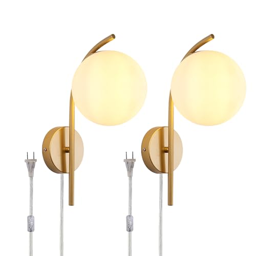 Image of Wall Sconces Plug in Set of 2, Hanging Wall Lamp with Plug in Cord, Metal Wall Lamp White Glass Globe Indoor Wall Decor Light for Bedroom, Farmhouse, Hallway, Living Room, Kitchen, Gold