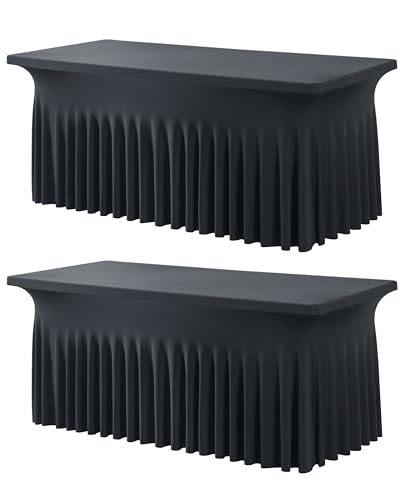Image of Outpain Spandex Tablecloth for 6 Foot Rectangle Tables, 2 Pack Black Wrinkle Free Fitted Table Cloths 6ft Stretchy Banquet Table Clothes Cover Desk Skirt for Birthday Wedding Parties Baby Shower