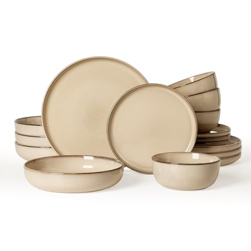 Image of Famiware Milkyway Stoneware Dinnerware Set, 16-Piece, Including Pasta Bowl, Double Reactive Glaze, Plates and Bowls, Service for 4, Microwave and Dishwasher Safe, Scratch-Resistant, Milk Tea