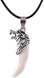Flybloom Artificial Wolf Teeth Head Necklace with Chain Rope Handmade Spike Pendant Necklace Choker for Men Boys