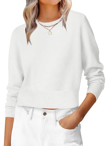ANRABESS Women’s Long Sleeve Sweaters Cropped Crew Neck Business Casual Light Weight Sweater Tops Fall Fashion Clothes 2025 White M