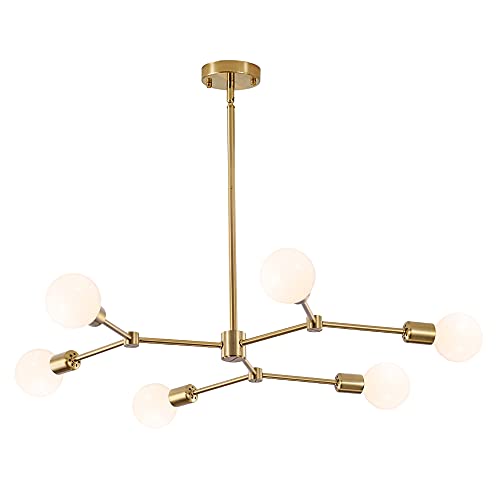 Gold Sputnik Chandelier 6 Lights Pendant Lamp HAHZT Modern Mid Century Flush Mount Ceiling Light Fixture Adjustable Height Brass Pendant Light for Bedroom Dining Room Living Room-No Bulbs/No Lampshade