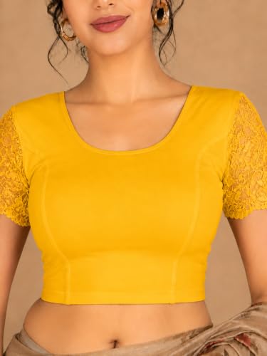 Image of Abhi Cotton Readymade Saree Blouse for Women- Half Net Sleeves, Round Neck, Regular-fit, Stretchable, Pull-on Style Blouse