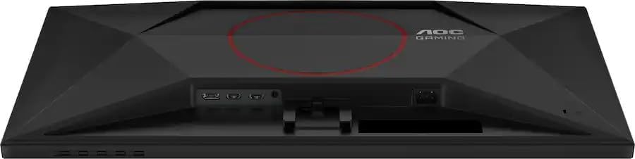 Bottom view of AOC Q27G42ZE monitor showing various input ports including HDMI and DisplayPort.