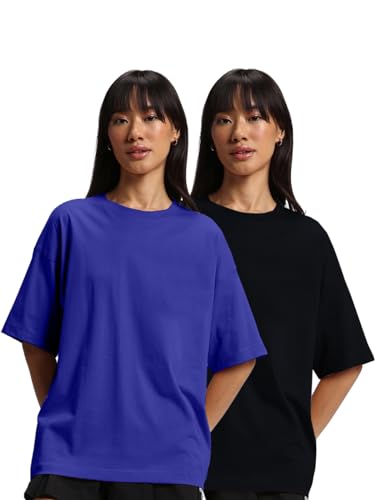 Image of JUNEBERRY Pure Cotton Drop Shoulder Oversized Baggy Fit Half Sleeve Plain Solid Round Neck Multicolor T-Shirt for Women & Girls (Pack of 2) (Sizes S-2XL)