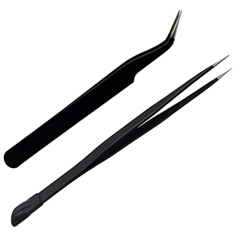 2 PCS Nail Art Tweezers, Straight and Curved Tip Tweezers Rhinestone Stickers Picker Pointed Tweezers for Craft, Makeup Tools - Black Cover