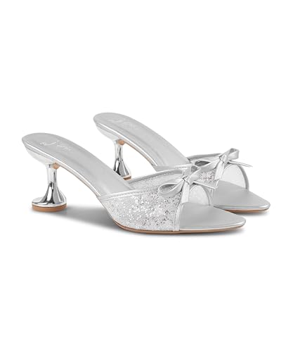 Image of JM LOOKS Women's Kitten Mules Heels Glitter Sparkle Heel with Bow Open Pointed Toe Stiletto Low Heels Party Dress Slip On Backless Sandals