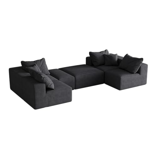 Image of 132 inch Modular Sectional Sleeper Sofa Couch, Modern Cloud Chenille Sectional Couch with Ottoman, Boneless U Shape Couches for Living Room, Free Combination, No Assembly Required, Black