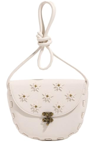 PU Leather Vintage Saddle Bag 3D Flower Embroidery Antique Brass Lock Stitch - Trim Crossbody Phone Purse