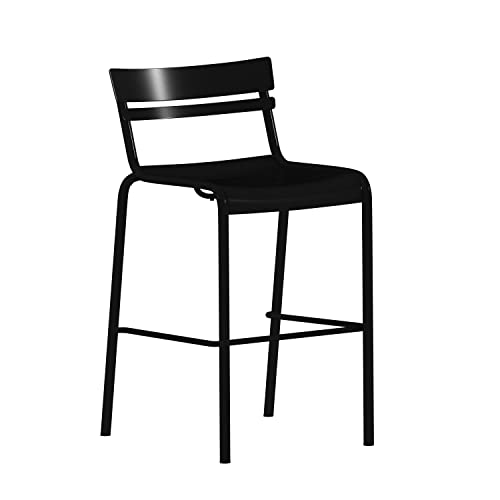 Emma + Oliver Rennes Armless Powder Coated Steel Bar Height Stool With 2 Slat Back For Indoor-Outdoor Use In Black #TOP4
