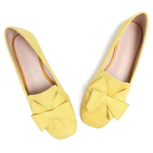Image of WENJIAZHIZHI Square Toe Bow Ballet Slip-On | Classic Suede Finish,Chic Bow Detail,Effortless Everyday Style,Wedding Party Office,Plus Size Available