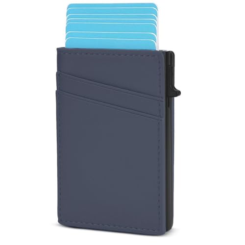 Image of VOGARD Pop-Up Card Holder for Men, RFID Blocking Slim Aluminium Case with Premium PU Leather, Automatic Card Ejector, Front Pocket Design (Blue)