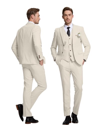 3 Piece Men's Linen Suit,Slim Fit Suits Set for Men Two Buttons Grooms Suits for Summer Beach Wedding2