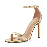 Mhuire Stylish 4 IN Square Open Toe Ankle Strap Stiletto Heels for Women Plain Trendy Strappy Heeled Sandals gold 9