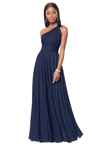 DDKoin Navy Blue One Shoulder Bridesmaid Dresses for Women A Line Pleated Chiffon Long Formal Wedding Guest Dress with Pockets Size 6