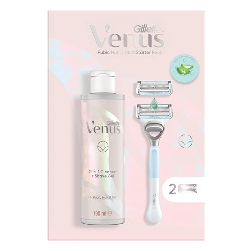 Gillette Venus Razor for Pubic Hair & Skin Protection 1 Handle & 2 Blade Refills - Includes 2-in-1 Shave Gel & Cleanser 190ml Sensitive Skin Protection for Women