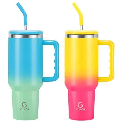 VUSIGN 40 oz Tumbler with Handle and Straw Lid, 2 Pack, Red-Yellow Mixed and Blue-Green Mixed Cover