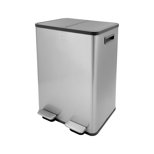 BLACK+DECKER Poubelle de tri sélectif Duo BXBN0003GB de 40 litres avec Fermeture Douce, Fabrication en Acier Inoxydable, 60 cm x 39,5 cm x 34 cm, Gris Froid