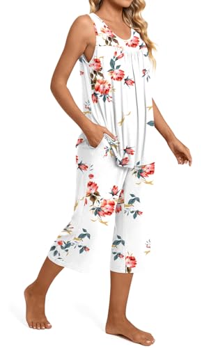 Image of TAOHUADAO Womens Summer 2 Piece Pajama Sets, Sleeveless Tops with Capri Pants, Lounge Ladies Pjs Sets with Pockets