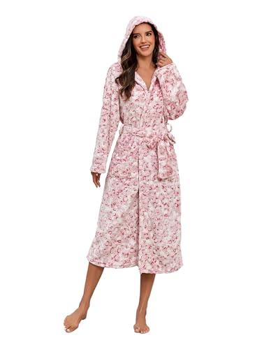 Image of RONGTAI Womens Robes Plush Fleece Hooded Bathrobe Thick Nightgown with Pockets Fluffy Sleepwear (US, Alpha, XX-Large, Plus, Long, Pink Leopard)