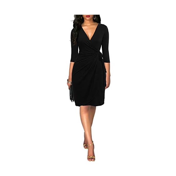 Berydress-Womens-Classic-34-Sleeve-V-Neck-Sheath-Casual-Party-Work-Faux-Black-Wrap-Dress Berydress Women's Elegant Draped V Neck Knee Length Sheath Wedding Party Night Out Work Black Wrap Dress with 3/4 Sleeves (L, 6083-Black)