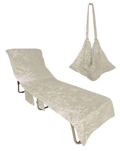 Beach Pool Patio Lounge Chaise Chair Cover Towel with Pockets,Ivory Yellow Floral Absorbent & Quick Dry Microfiber Towel Cover Bag Summer Travel Accessories Modern Minimalist Aesthetics Herb