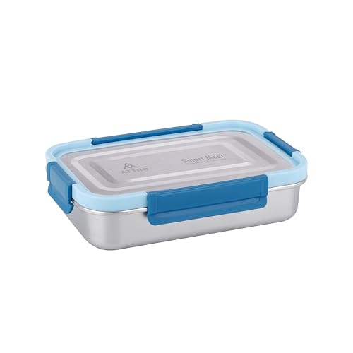Image of ATTRO Smart Meal Big Stainless Steel Lunch Box with 1 Small Container Airtight Spill-Proof BPA Free Food Grade Ideal for Office, School, Picnic, 950ml+170ml- Blue