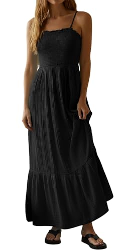 Image of R.Vivimos Womens Summer Boho Cotton Maxi Dress Adjustable Spaghetti Strap Elastic Smocked Casual Ruffle Hem Flowy Beach Dress