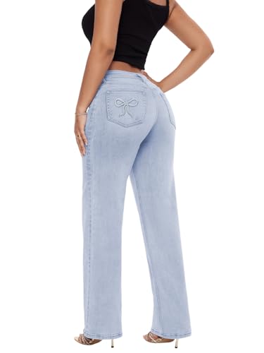 ONESO Mid-Low Rise Baggy Jeans Wide Leg for Women Distressed Pants Stretchy Bottom Lady Basic Comfortable Denim