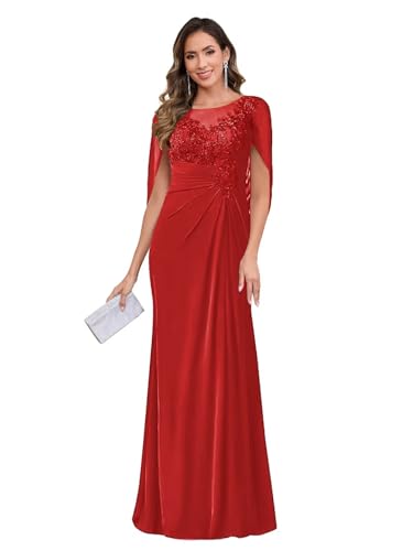 PAVERJER Lace Appliques Mother of The Bride Dresses for Women with Cape Sleeves Chiffon Mermaid Ruched Formal Gowns