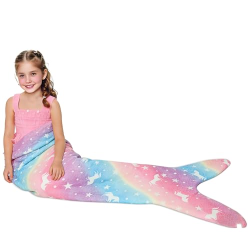 ABOHU Meerjungfrauen Schwanzdecke Im Dunkeln leuchtende Einhorn Decke Meerjungfrau Decke weiche Flanelldecke 140×60cm Meerjungfrauenflosse Mädchen für Kinder Geburtstag Weihnachten Geschenk