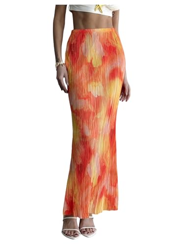 Milumia Women Pleated Tie Dye Bodycon Long Skirt Slim Fit Elegant Vacation Fishtail Skirts
