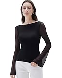 SUUKSESS Women Mesh Sheer Bell Sleeve Tops Double Lined Boat Neck Going Out Shirts Fall Fashion Outfits 2025 (Black, S)
