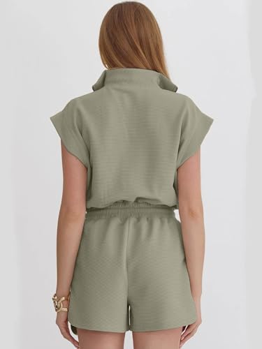 Image of Rompers for Women Summer Short Sleeve Half Zip Lapel Collar Jumpsuit Casual Drawstring One Piece Outfits with Pockets