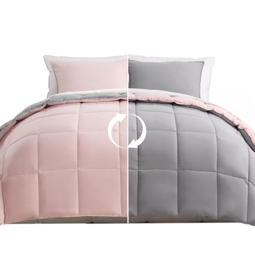 KASENTEX Reversible No-Shrink Twin/Twin XL Comforter Set with Sham - Down Alternative Duvet Insert with Corner Ties, Lightweight, Ultra Soft, Machine Washable, All-Season (Pink and Grey Silv