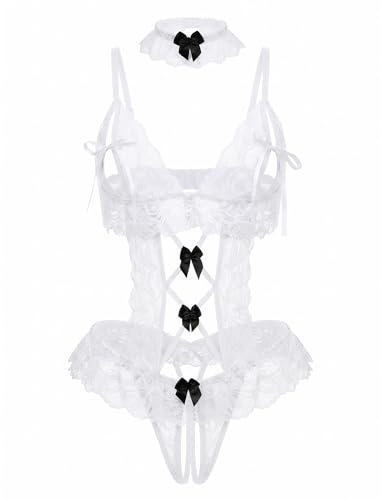 Avidlove Womens Lace Teddy Bodysuit Lingerie Set with Choker V Neck White S - image 1
