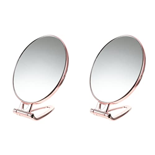 Minkissy 2Pcs Dormitory X Portable Handle Desktop Women Magnifier Vanity Round Makeup Gold Double Handheld Countertop Rose Bedroom Oval Standing Cosmetic Side Folding Simple Home Sided #TOP15